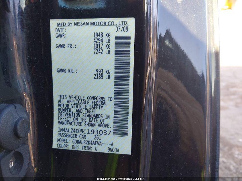 2009 Nissan Altima 2.5 S VIN: 1N4AL24E09C193037 Lot: 44301331