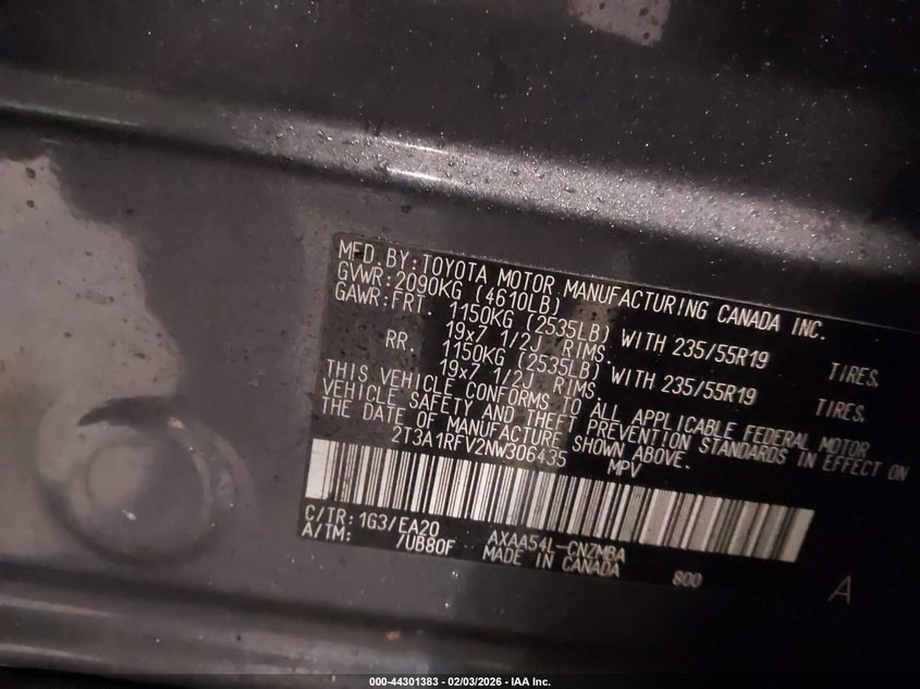 VIN 2T3A1RFV2NW306435 2022 TOYOTA RAV4 XLE PREMIUM