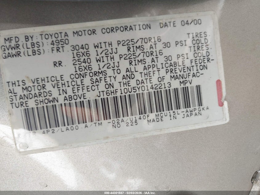 2000 Lexus Rx 300 VIN: JT6HF10U5Y0142213 Lot: 44301557