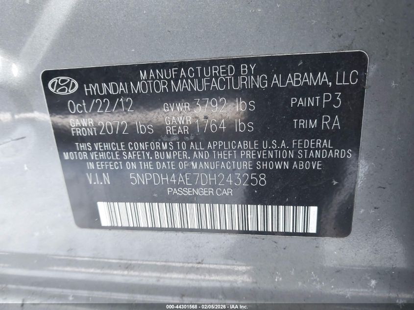 2013 Hyundai Elantra Gls VIN: 5NPDH4AE7DH243258 Lot: 44301568