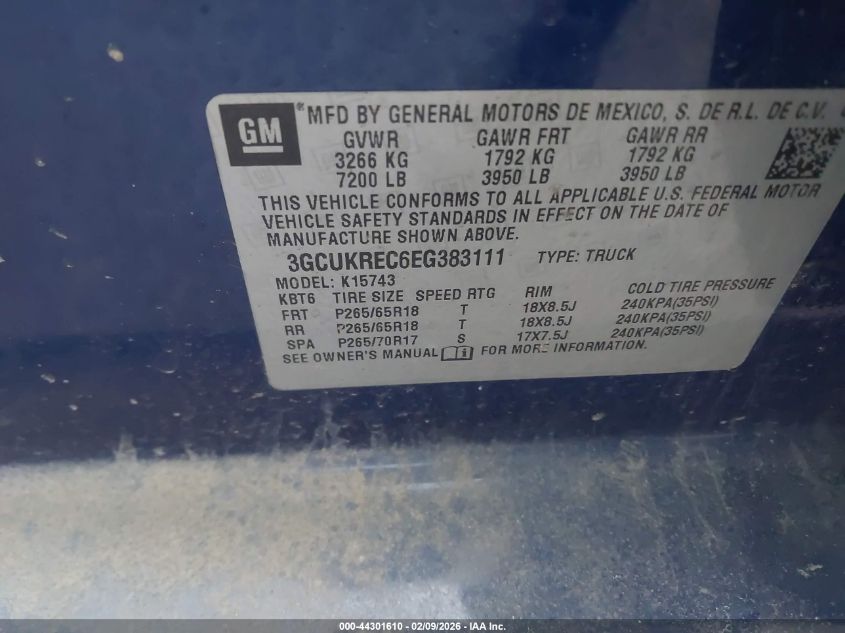 2014 Chevrolet Silverado 1500 2Lt VIN: 3GCUKREC6EG383111 Lot: 44301610