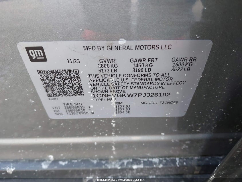 2023 CHEVROLET TRAVERSE 3.6L V-6 DI, DOHC, V(VIN: 1GNEVGKW7PJ326102