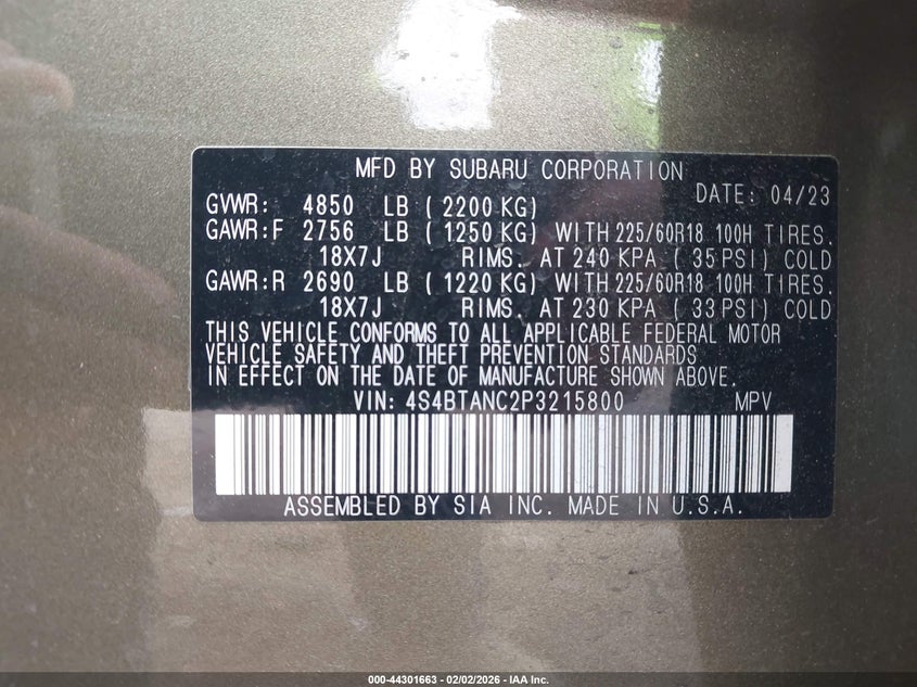 2023 Subaru Outback Limited VIN: 4S4BTANC2P3215800 Lot: 44301663