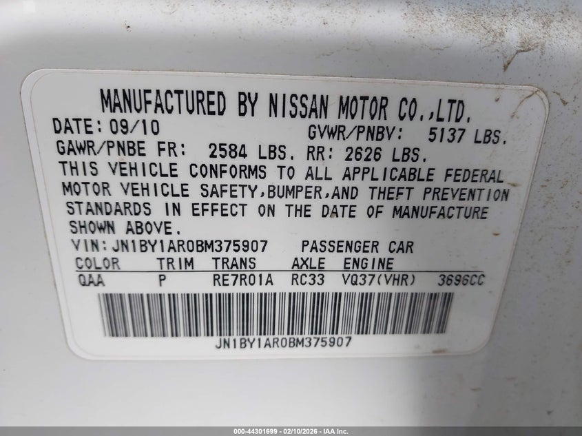 2011 Infiniti M37X VIN: JN1BY1AR0BM375907 Lot: 44301699