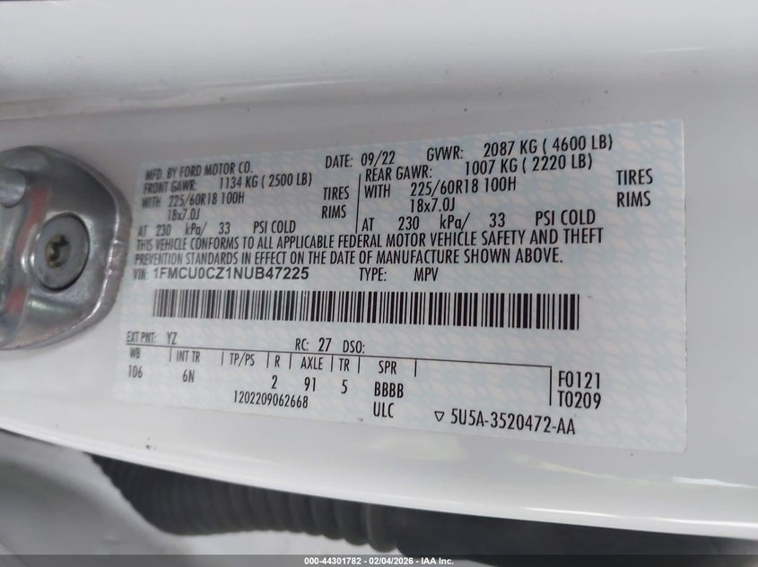 2022 Ford Escape Sel Hybrid VIN: 1FMCU0CZ1NUB47225 Lot: 44301782