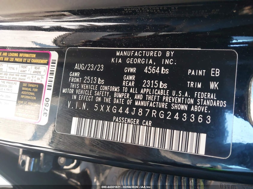 2024 KIA K5 2.5L I-4 DI, DOHC, V(VIN: 5XXG44J87RG243363