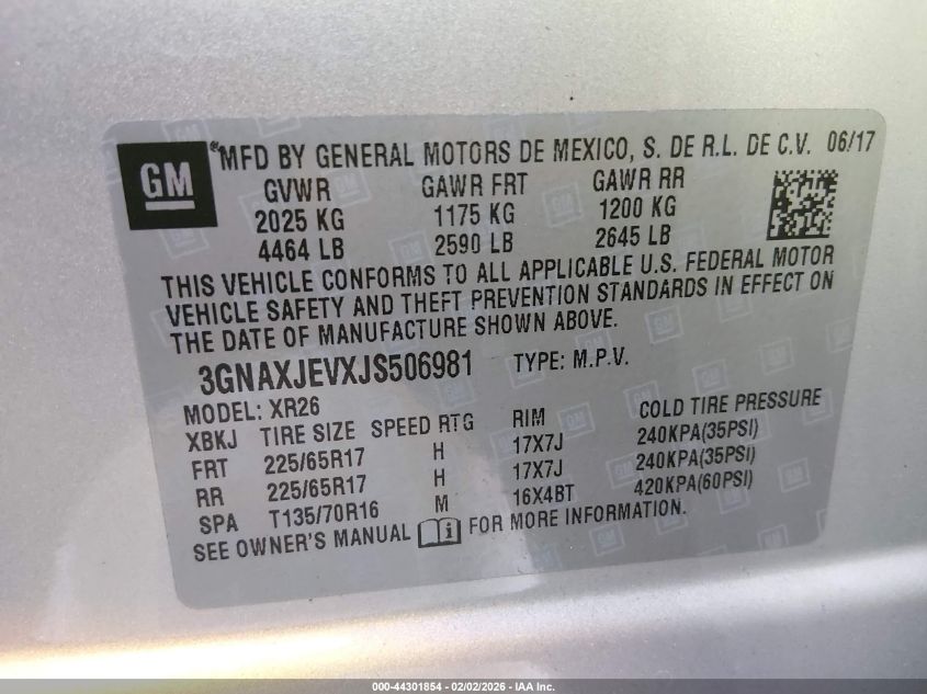 2018 Chevrolet Equinox Lt VIN: 3GNAXJEVXJS506981 Lot: 44301854