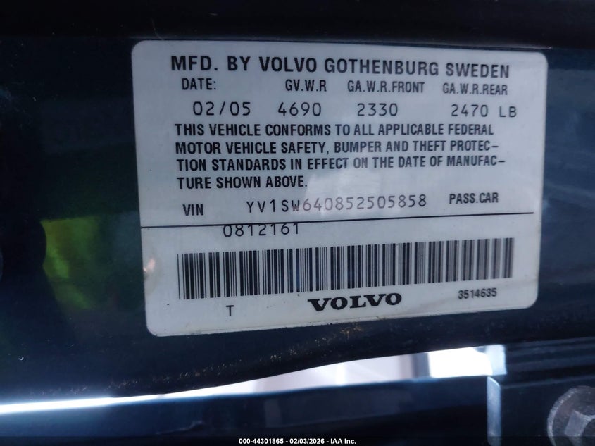 2005 Volvo V70 2.4 VIN: YV1SW640852505858 Lot: 44301865