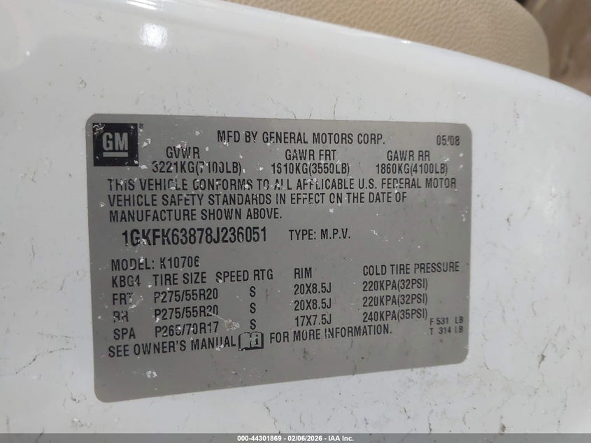2008 GMC Yukon Denali VIN: 1GKFK63878J236051 Lot: 44301869