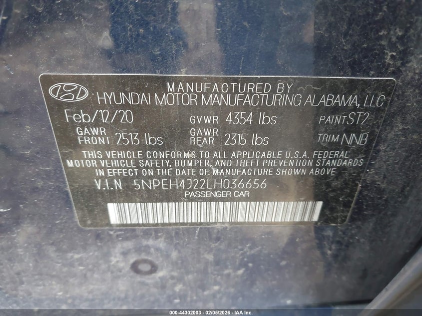 2020 Hyundai Sonata Limited VIN: 5NPEH4J22LH036656 Lot: 44302003