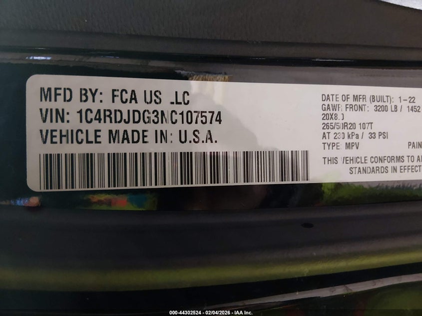 2022 Dodge Durango Gt Plus Awd VIN: 1C4RDJDG3NC107574 Lot: 44302524