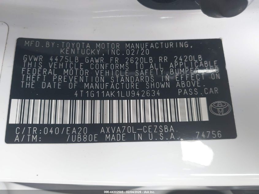 2020 Toyota Camry Se VIN: 4T1G11AK1LU942634 Lot: 44302585