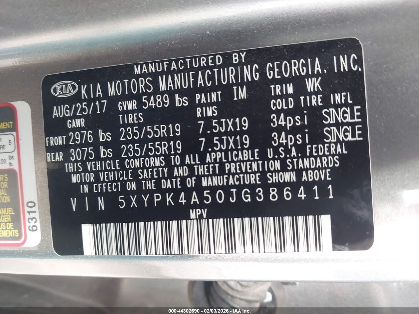 2018 Kia Sorento 3.3L Sxl VIN: 5XYPK4A50JG386411 Lot: 44302690