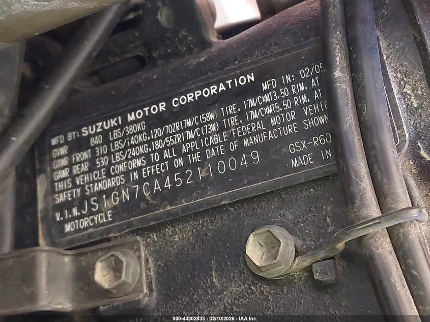2005 Suzuki Gsx-R600 K VIN: JS1GN7CA452110049 Lot: 44302833