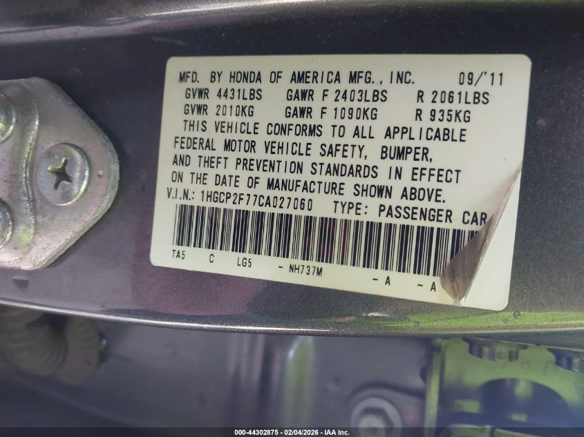 2012 Honda Accord 2.4 Ex VIN: 1HGCP2F77CA027060 Lot: 44302875