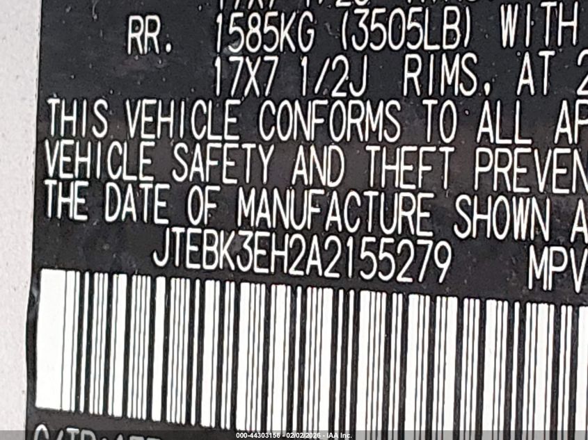 2010 Toyota Highlander Base V6 VIN: JTEBK3EH2A2155279 Lot: 44303156