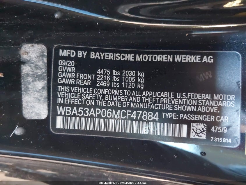 2021 BMW 430I VIN: WBA53AP06MCF47884 Lot: 44303175