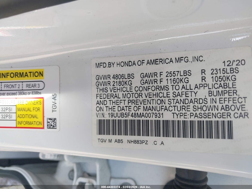 2021 Acura Tlx Technology Package VIN: 19UUB5F48MA007931 Lot: 44303374