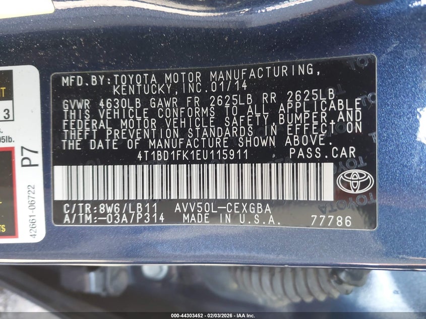 2014 Toyota Camry Hybrid Xle VIN: 4T1BD1FK1EU115911 Lot: 44303452