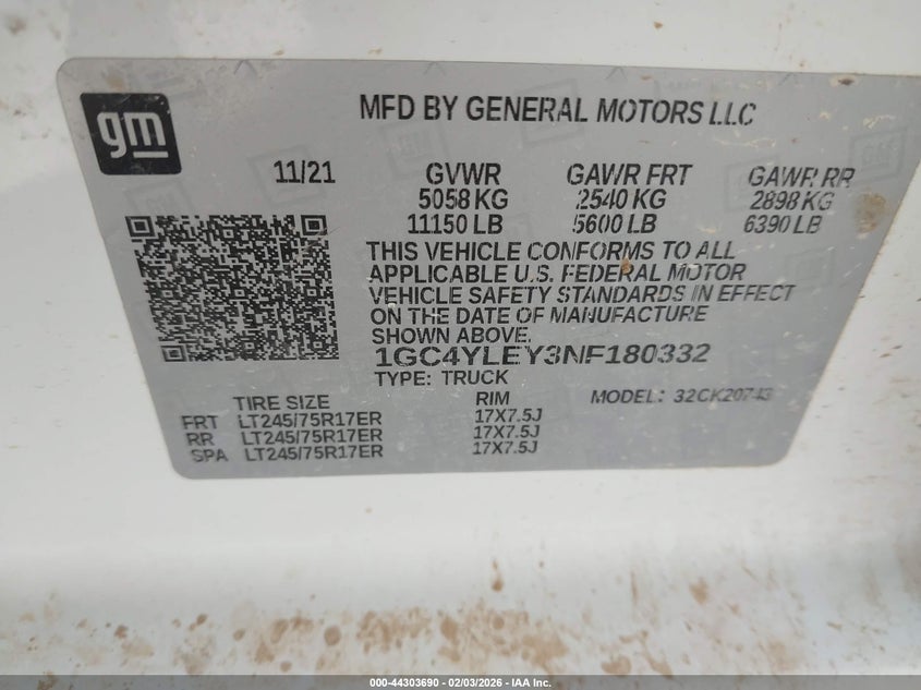 2022 CHEVROLET SILVERADO 2500HD (VIN: 1GC4YLEY3NF180332