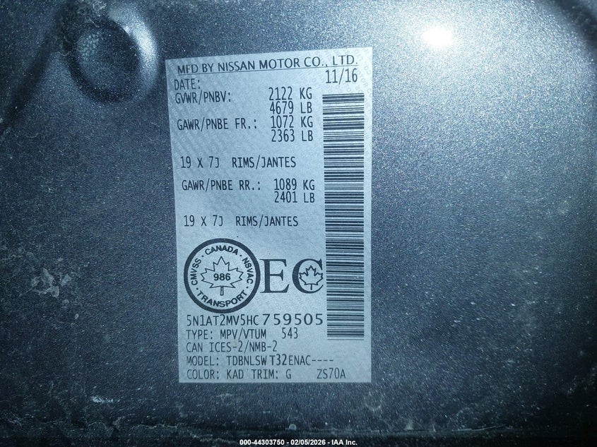 VIN 5N1AT2MV5HC759505 2017 NISSAN ROGUE S/SL/SV