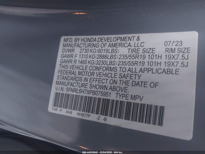2023 HONDA ODYSSEY 3.5L V-6 DI, VVT, 28(VIN: 5FNRL6H7XPB075951