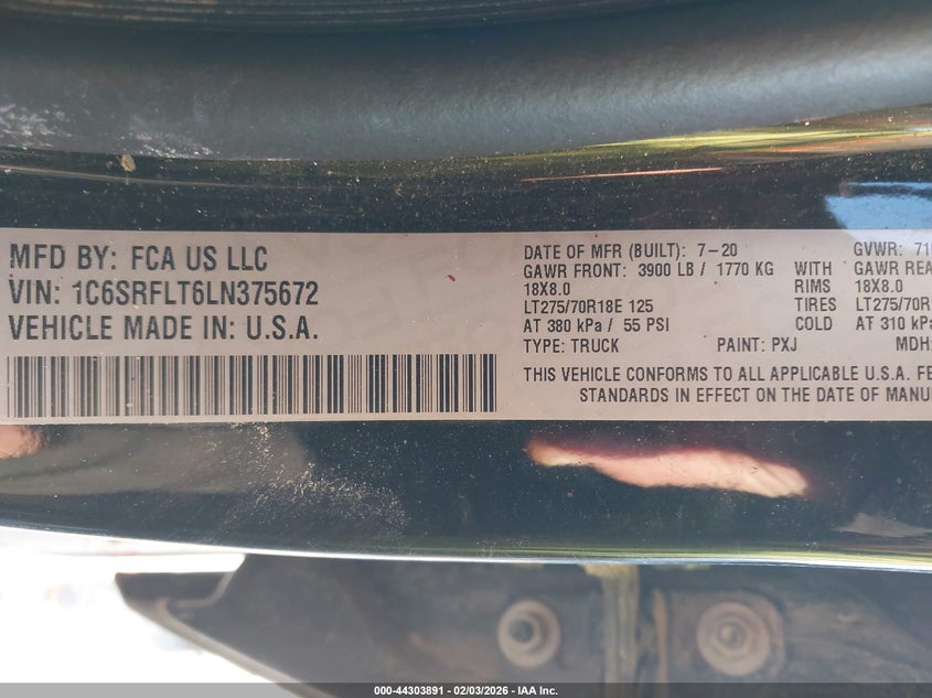 2020 Ram 1500 Rebel 4X4 5'7 Box VIN: 1C6SRFLT6LN375672 Lot: 44303891