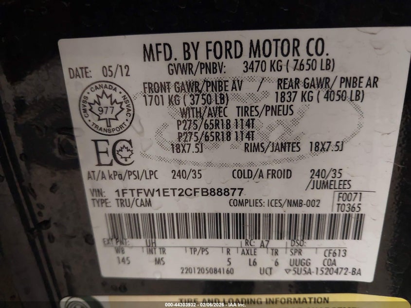 2012 Ford F-150 Xlt VIN: 1FTFW1ET2CFB88877 Lot: 44303932