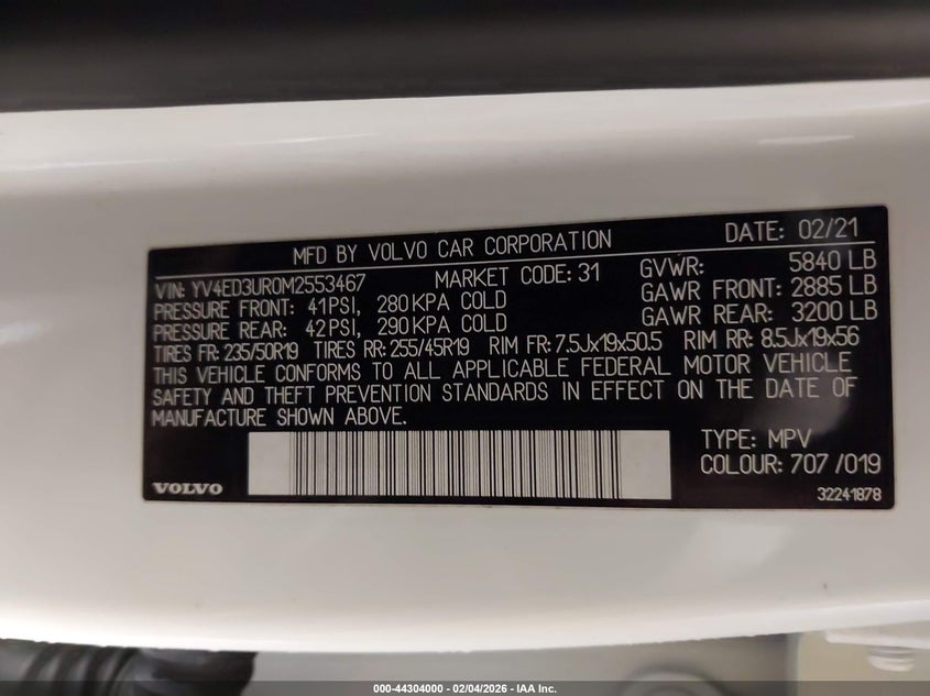 2021 Volvo Xc40 Recharge Pure Electric P8 VIN: YV4ED3UR0M2553467 Lot: 44304000