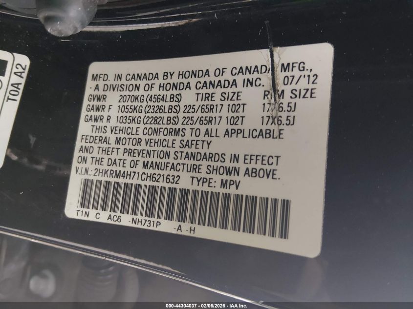 2012 Honda Cr-V Ex-L VIN: 2HKRM4H71CH621632 Lot: 44304037