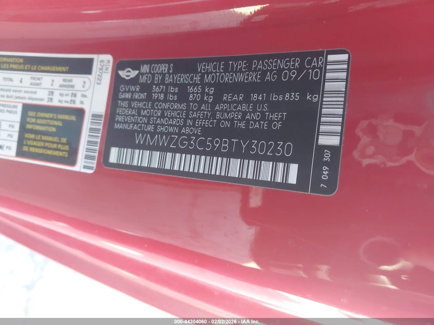 2011 Mini Cooper S Clubman VIN: WMWZG3C59BTY30230 Lot: 44304060
