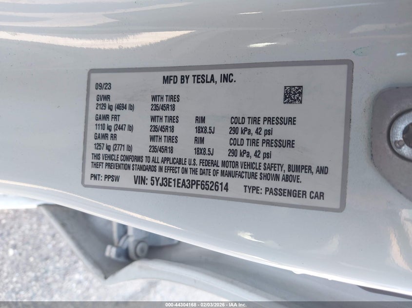 2023 Tesla Model 3 Rear-Wheel Drive VIN: 5YJ3E1EA3PF652614 Lot: 44304168