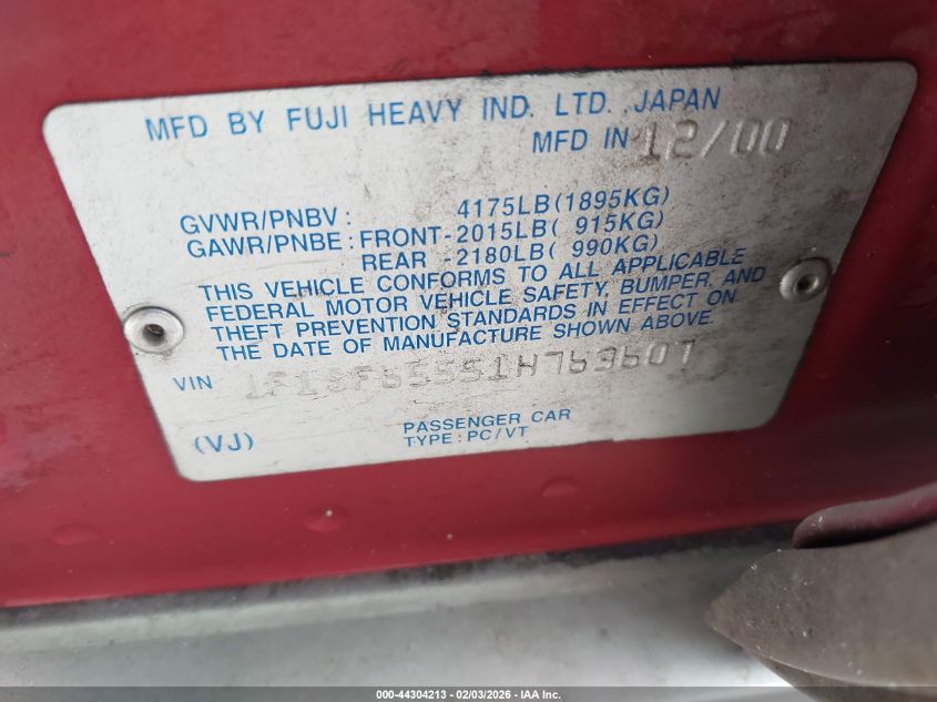 2001 Subaru Forester S VIN: JF1SF65551H763607 Lot: 44304213