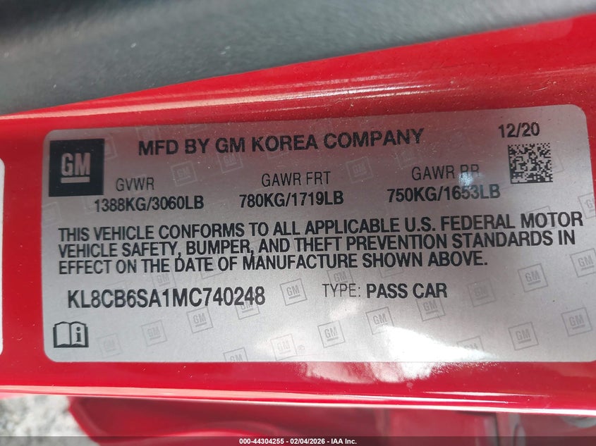 2021 Chevrolet Spark Fwd Ls Automatic VIN: KL8CB6SA1MC740248 Lot: 44304255