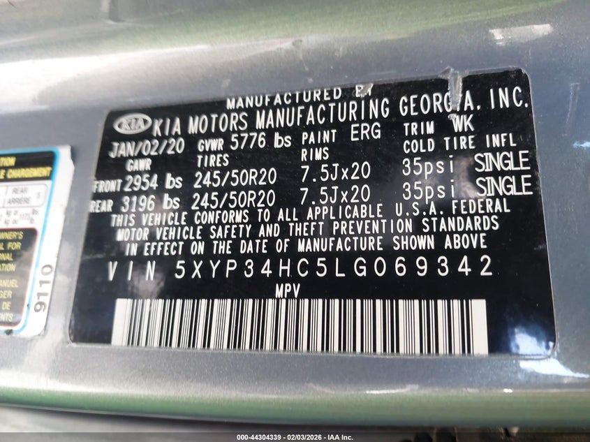 VIN 5XYP34HC5LG069342 2020 KIA TELLURIDE EX