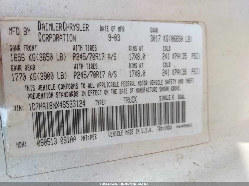 2004 DODGE RAM TRUCK 4.7L V-8 235HP