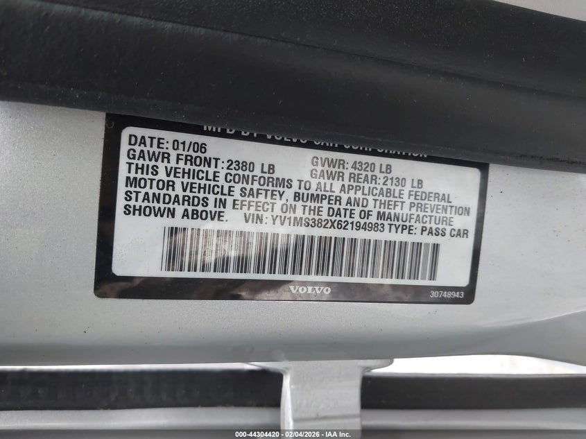 2006 Volvo S40 2.4I VIN: YV1MS382X62194983 Lot: 44304420