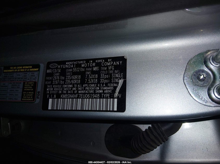 2014 Hyundai Santa Fe Gls VIN: KM8SN4HF7EU061948 Lot: 44304427