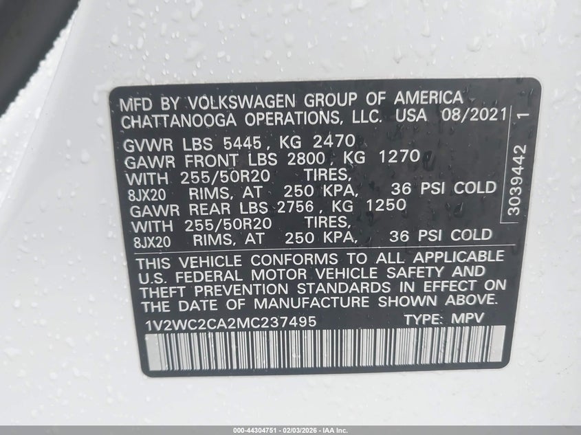 2021 Volkswagen Atlas Cross Sport 2.0T Se W/Technology VIN: 1V2WC2CA2MC237495 Lot: 44304751