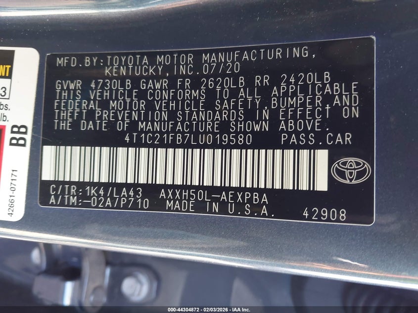 2020 Toyota Avalon Hybrid Limited VIN: 4T1C21FB7LU019580 Lot: 44304872