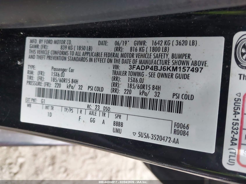 2019 Ford Fiesta Se VIN: 3FADP4BJ6KM157497 Lot: 44304917