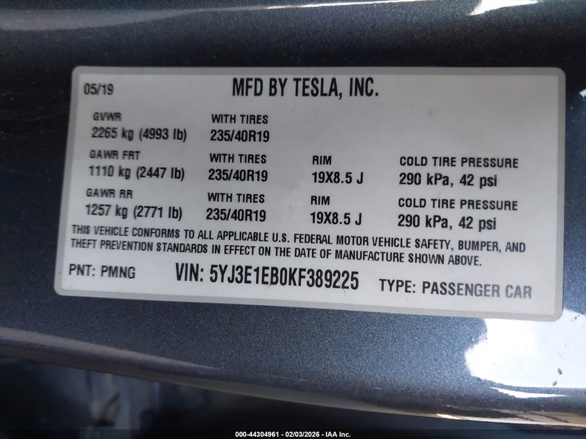 2019 Tesla Model 3 Long Range Performance grey Lot 111044304961 Vin 5YJ3E1EB0KF389225