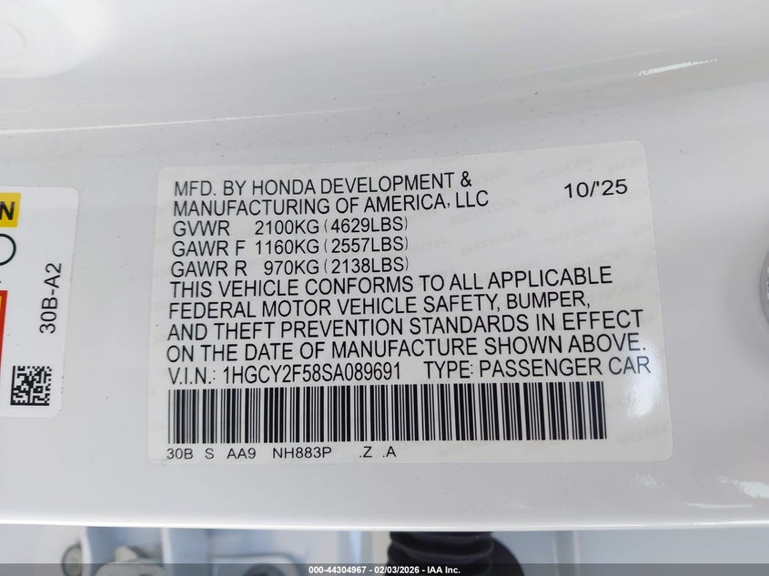 2025 HONDA ACCORD HYBRID 2.0L I-4 DI, DOHC, V(VIN: 1HGCY2F58SA089691