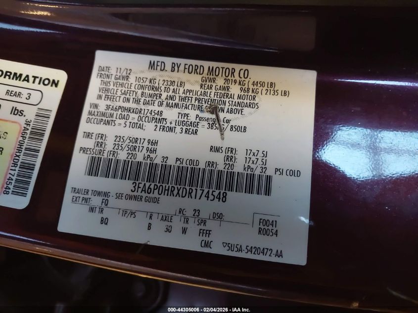 2013 Ford Fusion Se VIN: 3FA6P0HRXDR174548 Lot: 44305006