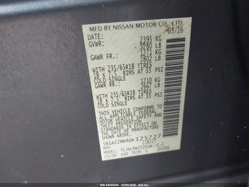 2016 Nissan Murano Sl VIN: 5N1AZ2MH4GN125727 Lot: 44305264