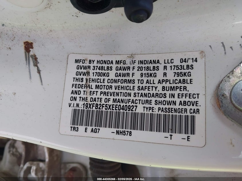 2014 Honda Civic Lx VIN: 19XFB2F5XEE040927 Lot: 44305366