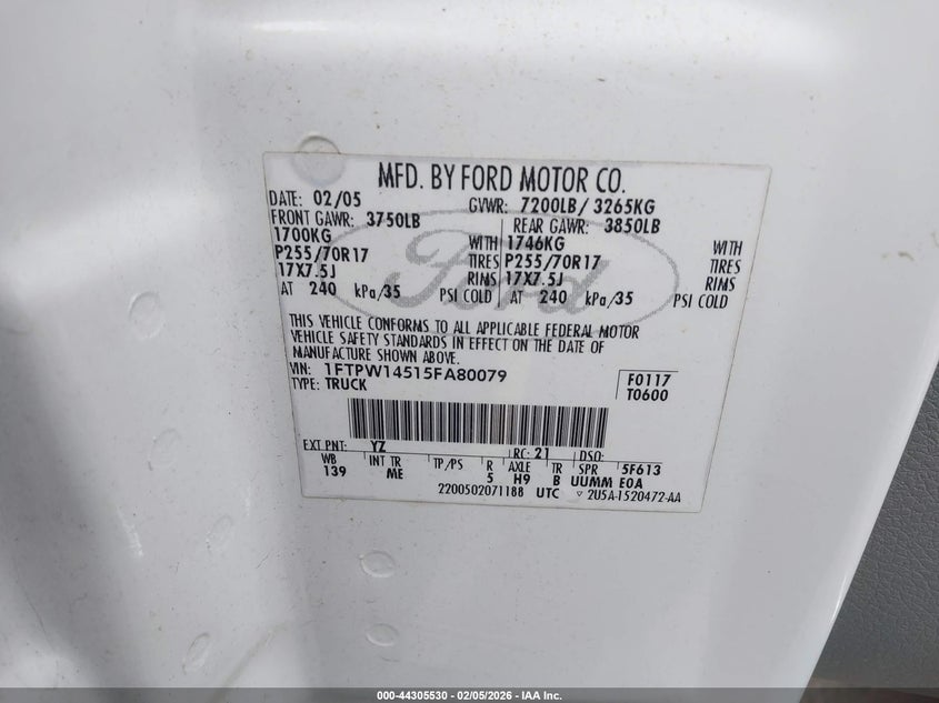 2005 Ford F-150 Fx4/Lariat/Xlt VIN: 1FTPW14515FA80079 Lot: 44305530