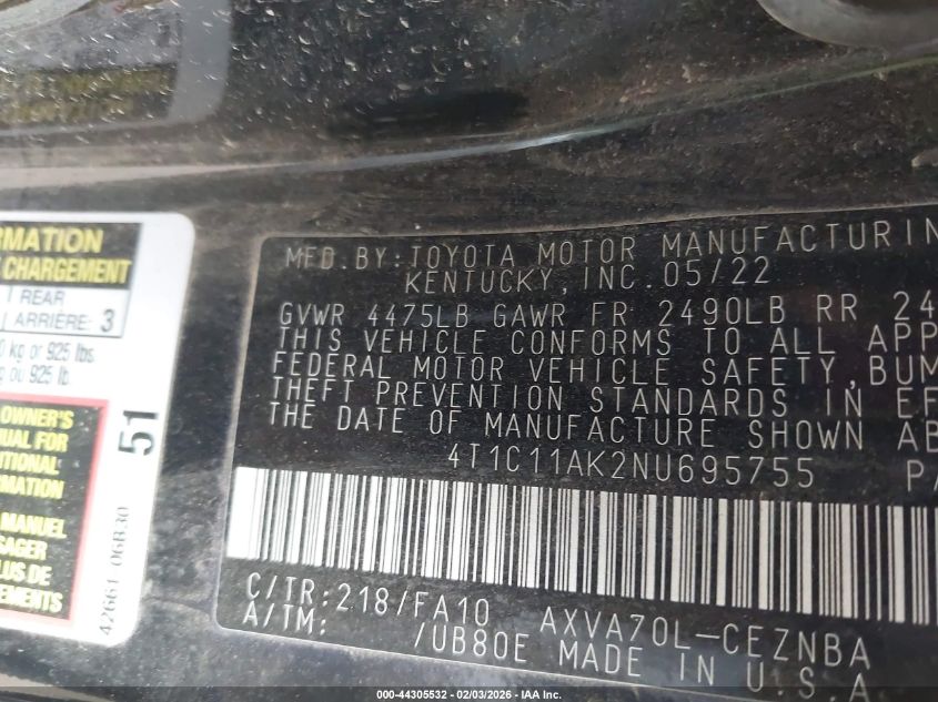 2022 Toyota Camry Le VIN: 4T1C11AK2NU695755 Lot: 44305532