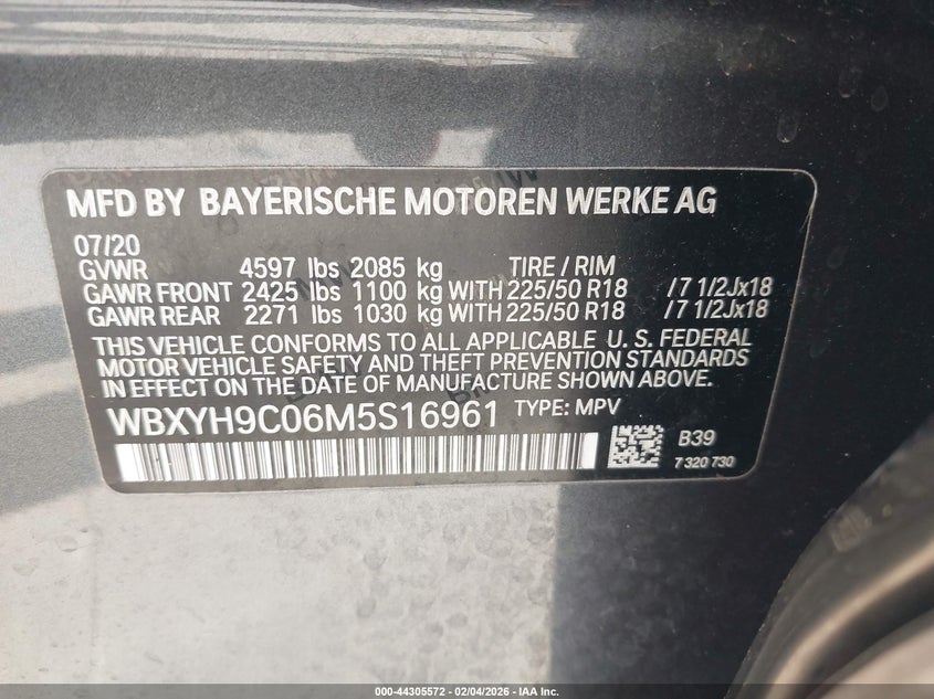 2021 BMW X2 Sdrive28I VIN: WBXYH9C06M5S16961 Lot: 44305572