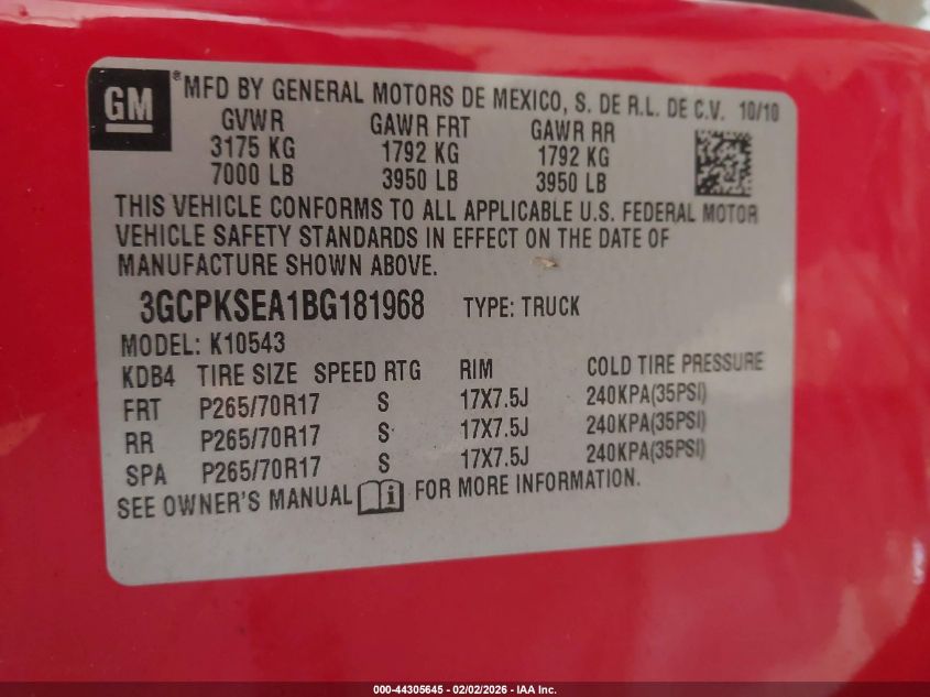 2011 Chevrolet Silverado 1500 Lt VIN: 3GCPKSEA1BG181968 Lot: 44305645